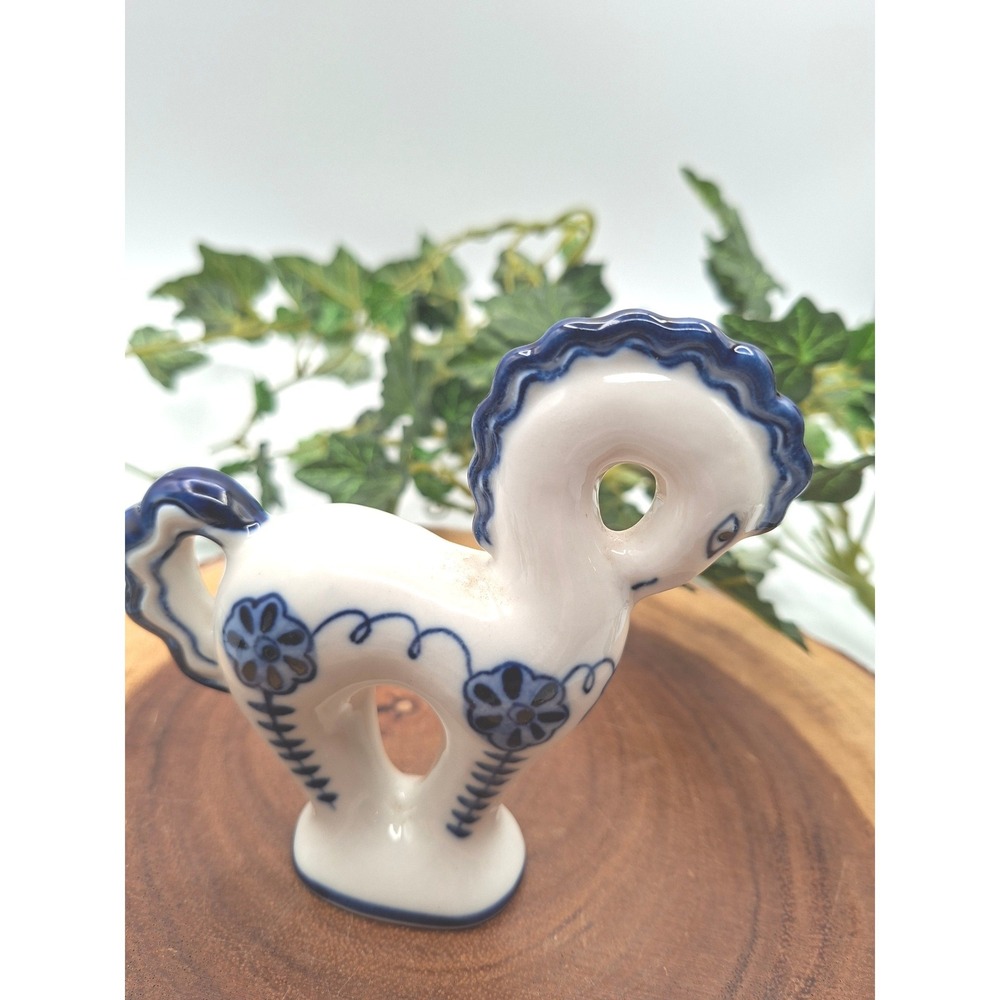 Vintage Handpainted USSR Ceramic Horse Figurine Blue White Gzhel Style Folk Art - Picture 4 of 6